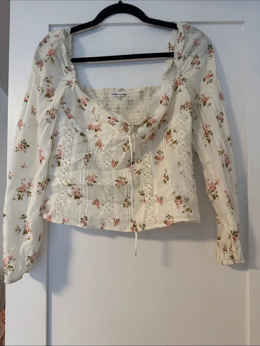 Reformation Cream Floral Square-Neck Peasant Blouse with Tie